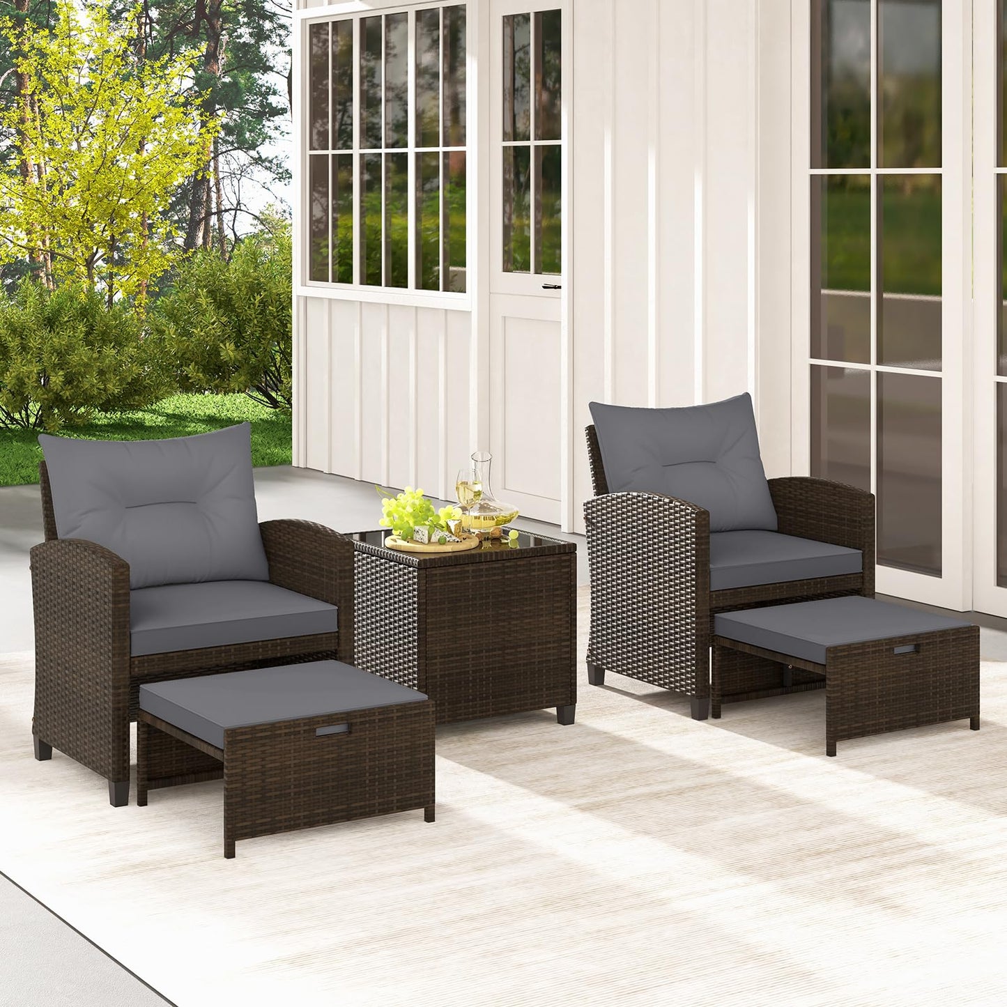 5-Piece Rattan Garden Furniture Set, Patio Conversation Set with 2 Chairs