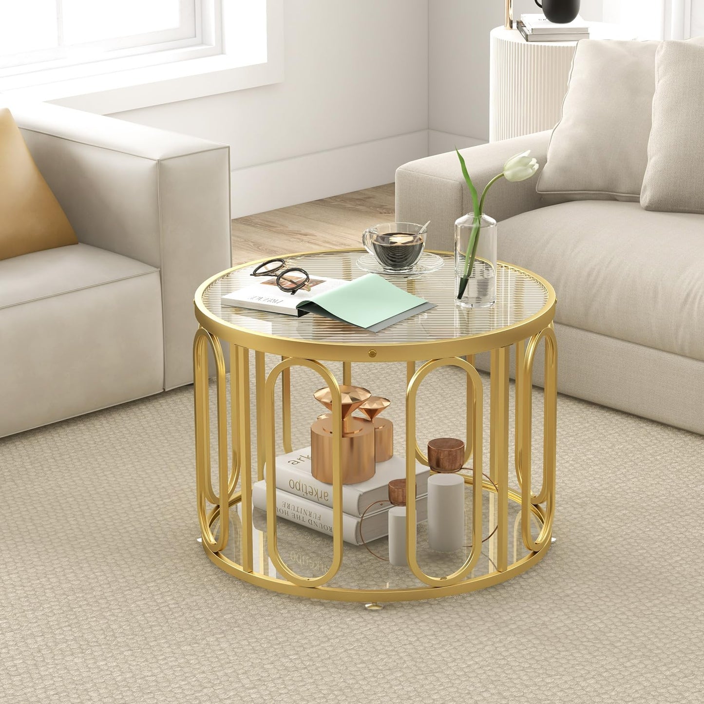 24 Inch Round Coffee Table with Reeded Tempered Glass Top