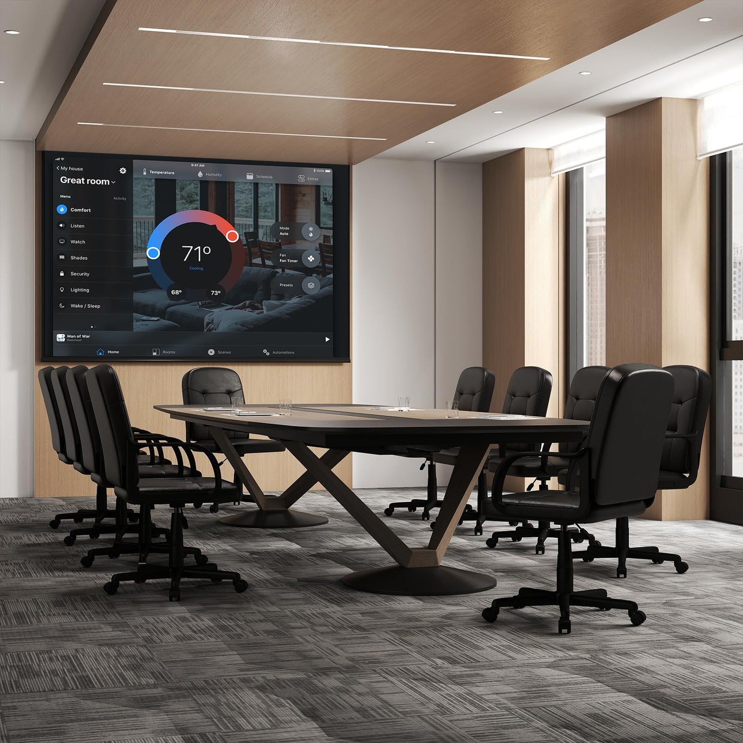 Leather Office Chair PU Upholstered Swivel Chair with Ergonomic Back and Curved Armrests