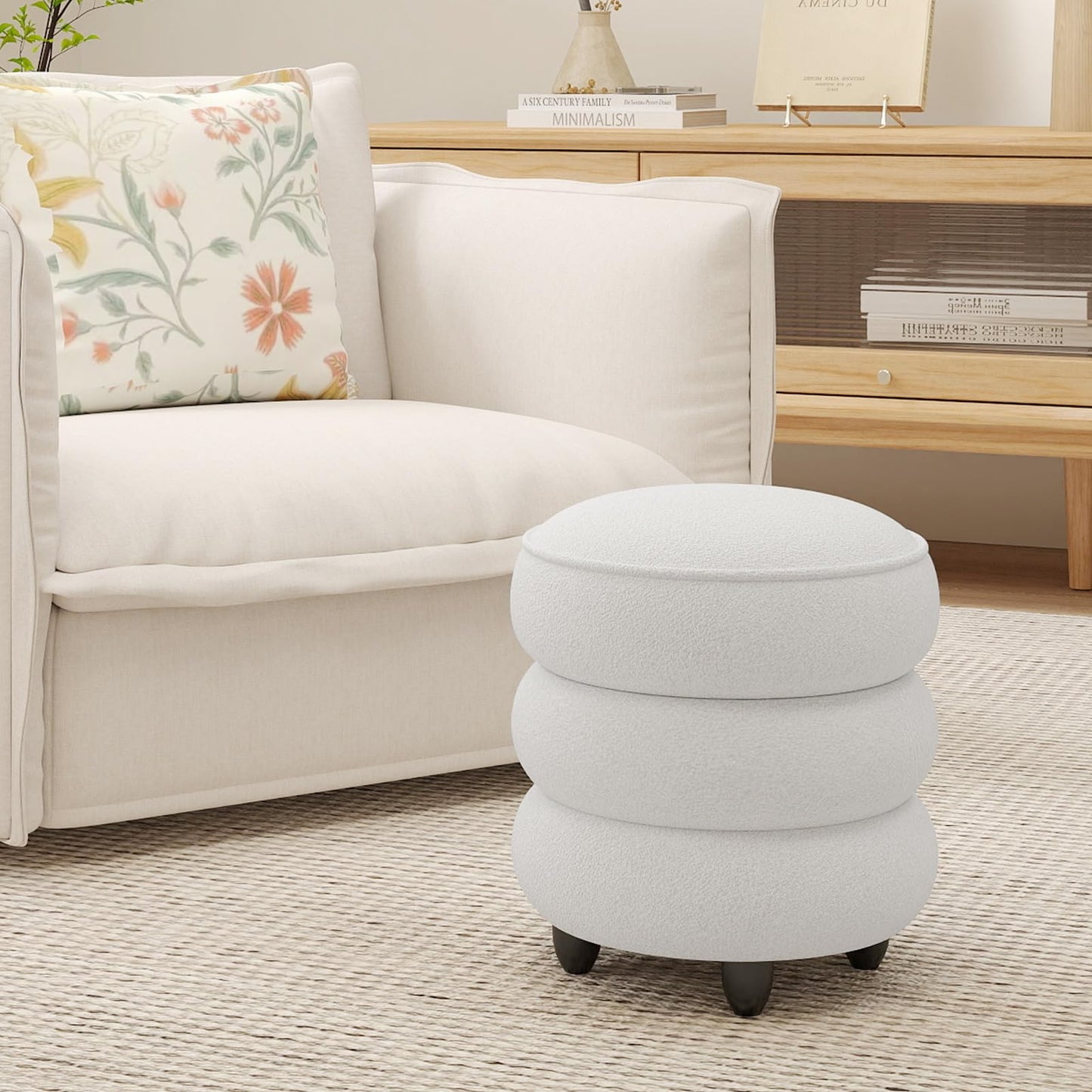 Modern Round Storage Ottoman with Removable Lid and Rubberwood Legs