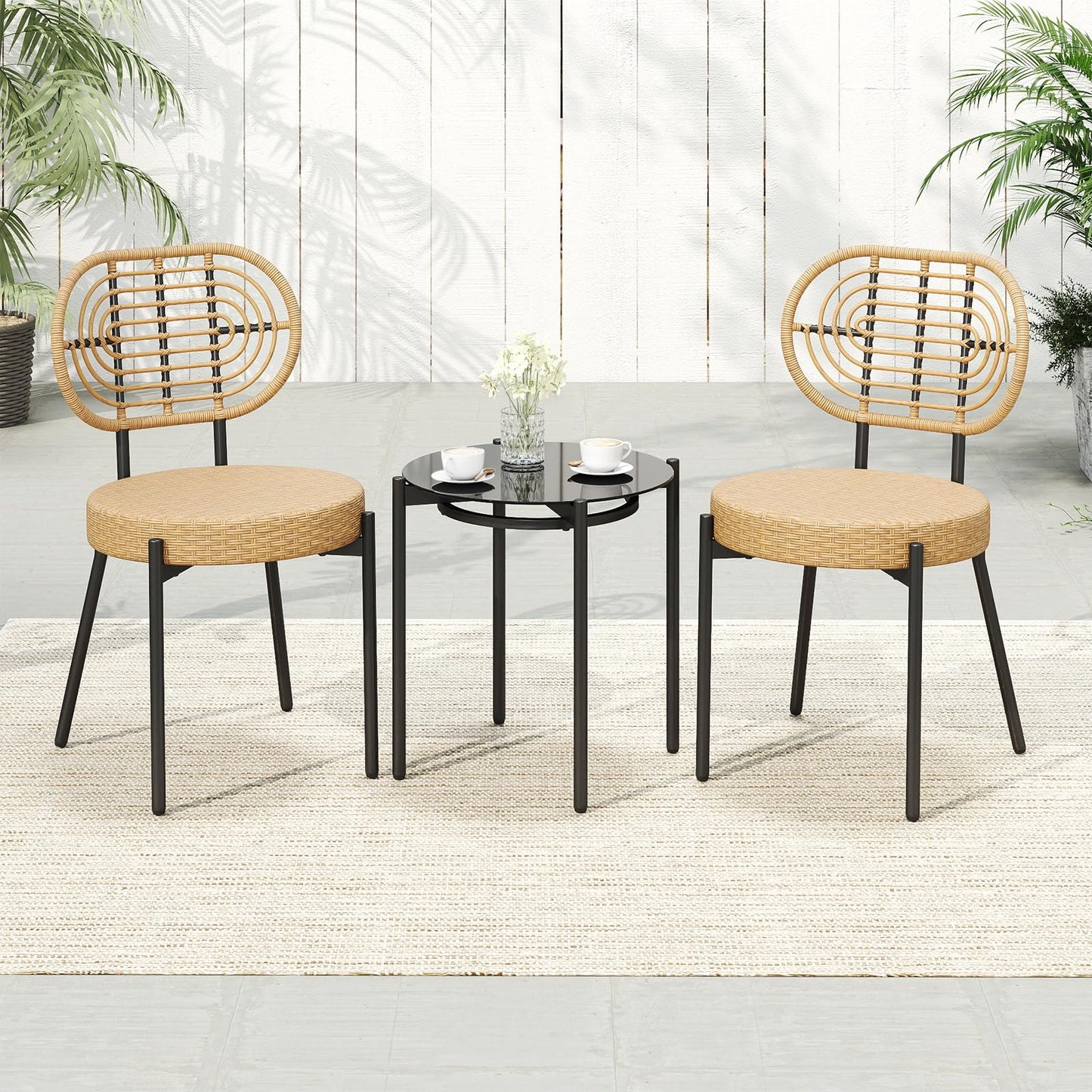 3 Pieces PE Wicker Outdoor Bistro Set Patio Conversation Set with Tempered Glass Coffee Table and Rattan Chairs