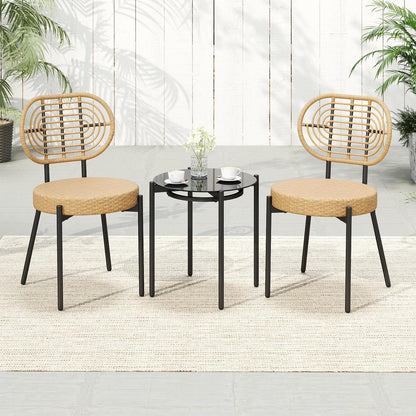 3 Pieces PE Wicker Outdoor Bistro Set Patio Conversation Set with Tempered Glass Coffee Table and Rattan Chairs