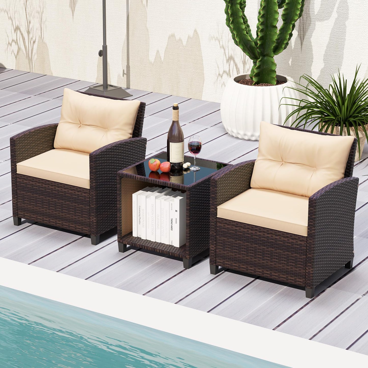 3 Piece Outdoor Patio Furniture Set with Glass Coffee Table and Storage Compartment