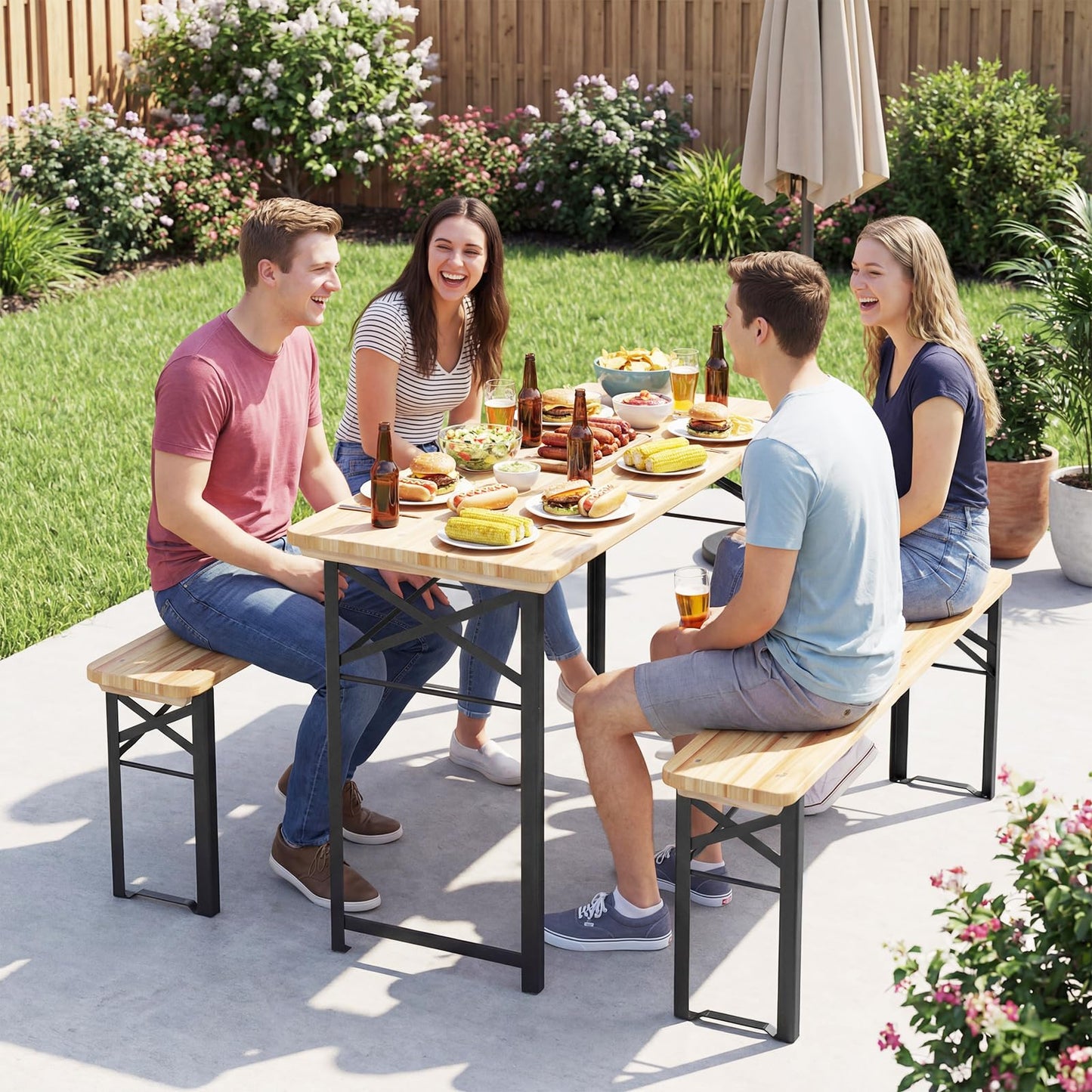 3 Piece Folding Picnic Table and Bench Set, Wooden Portable Camping Trestle Table Chairs