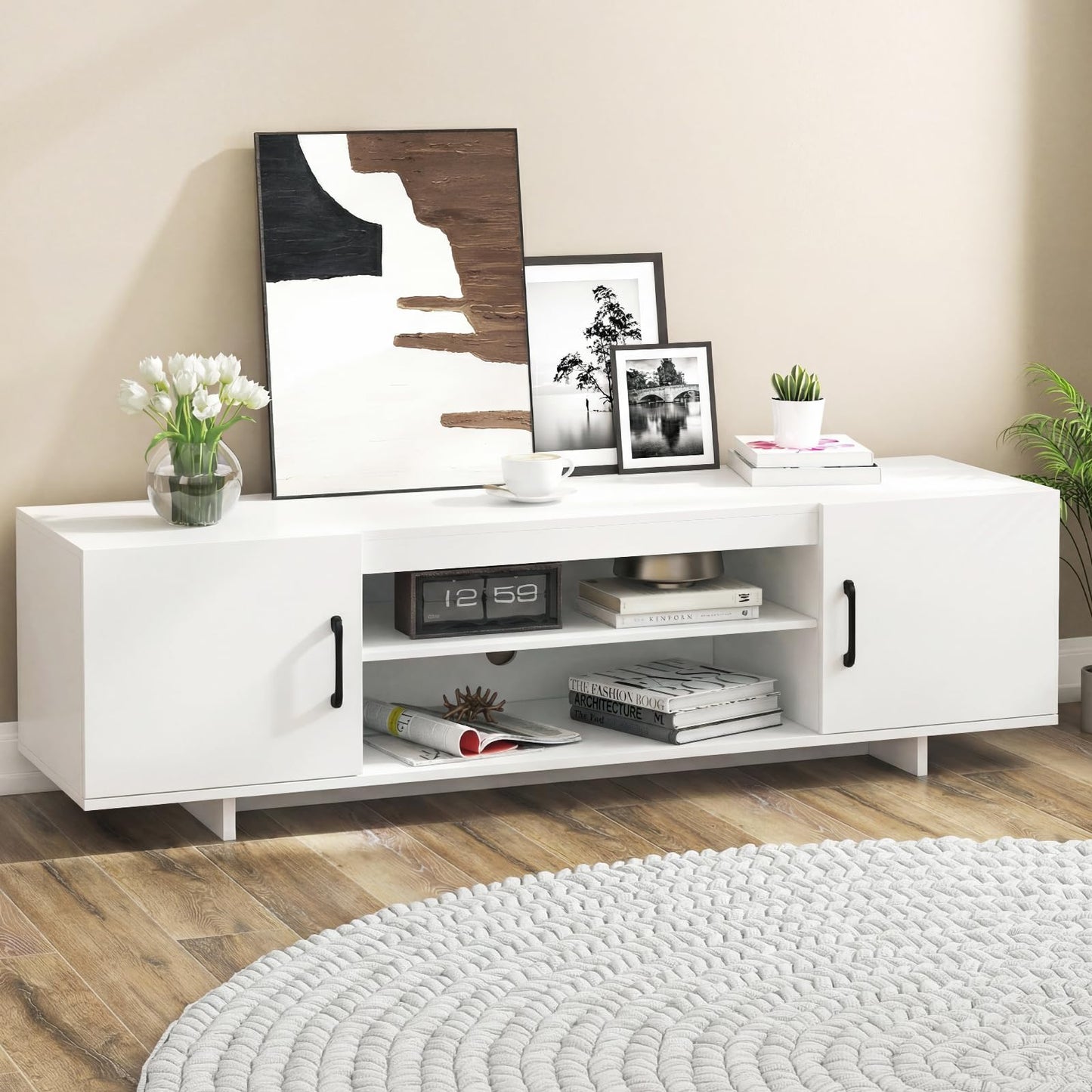 TV Stand for TVs up to 70 Inches with Power Outlet and 2 Cable Holes
