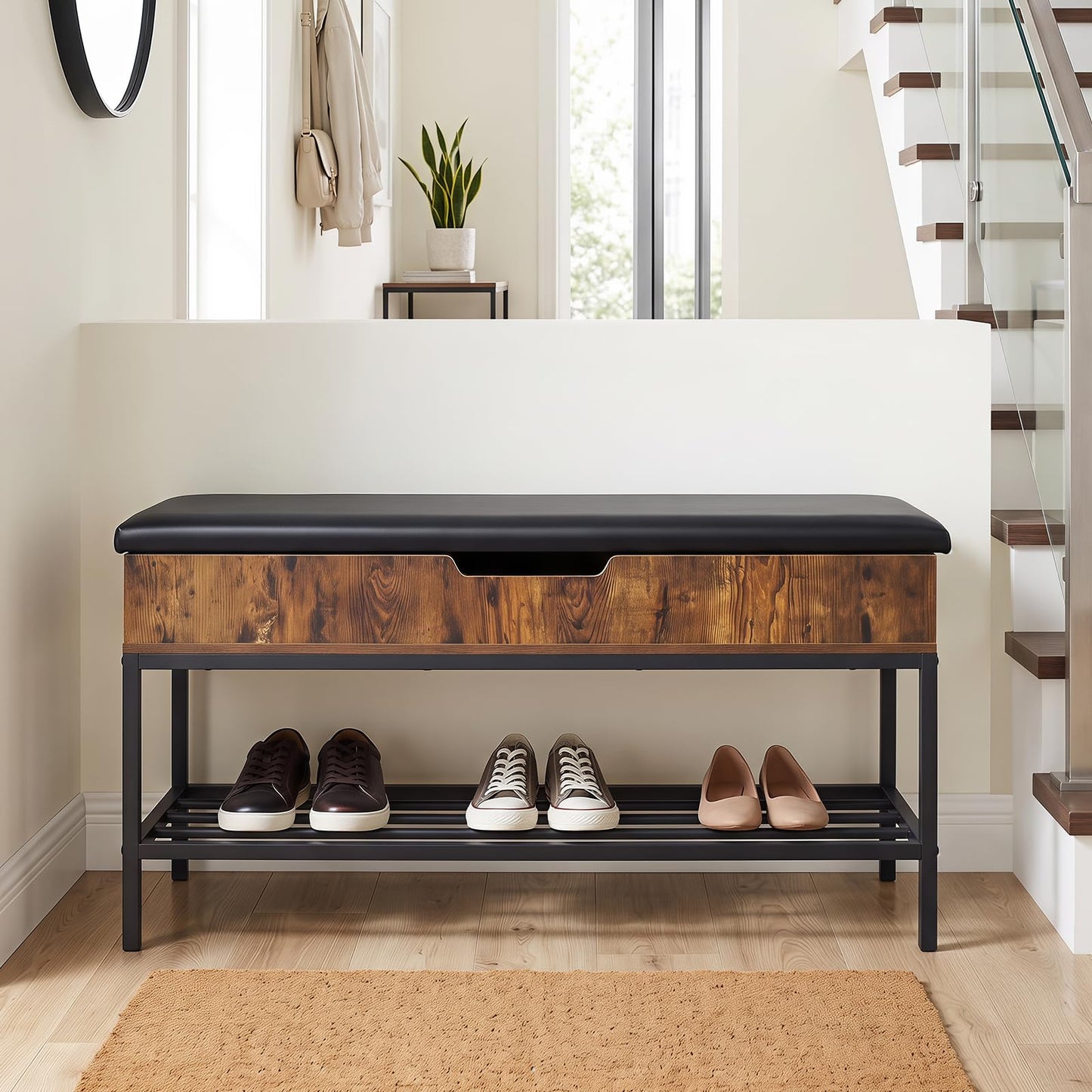100cm Flip-Top Shoe Bench with Padded Seat, Hidden Storage, Shelf