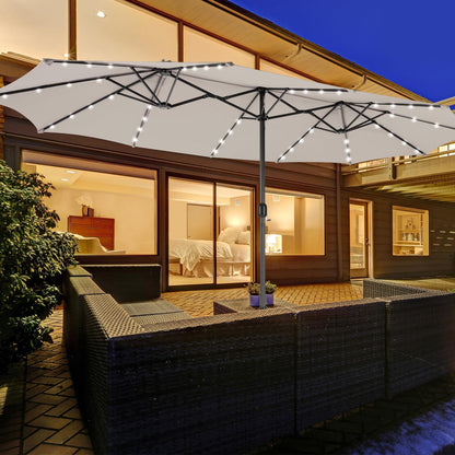 460 cm Twin Patio Umbrella with 48 LED Lights and Auto-Charging Solar Panel
