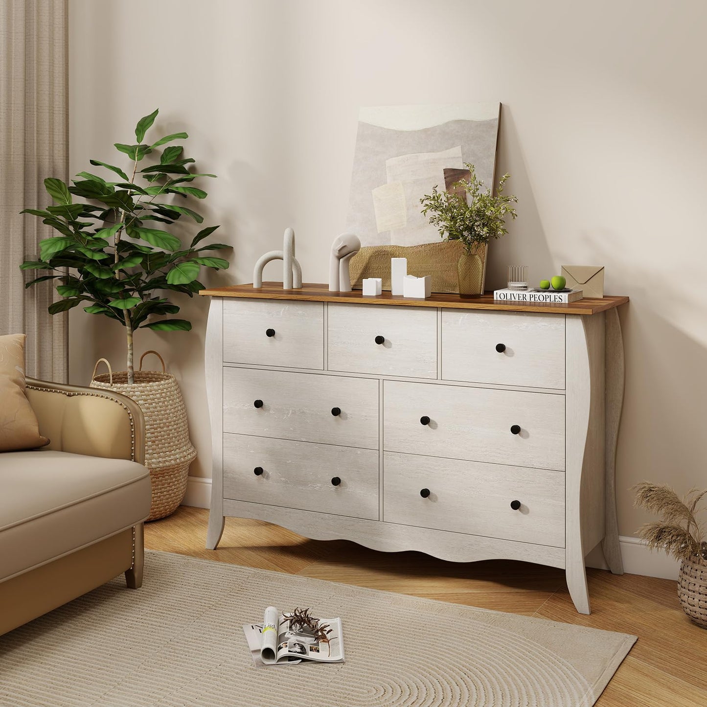 Farmhouse Dresser for Bedroom with 3 Folding Fabric Drawers