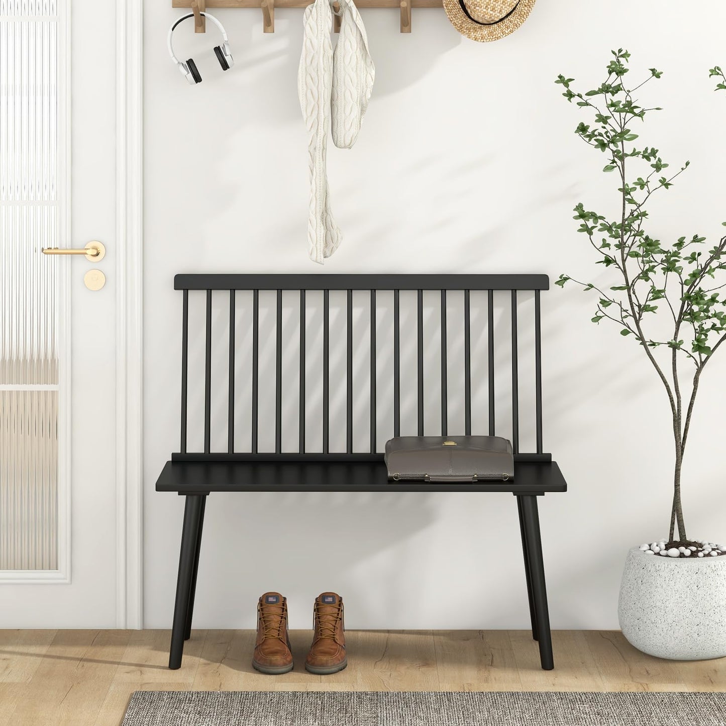Dining Bench, Entryway Bench with Removable Spindle Back & Anti-slip Foot Pads