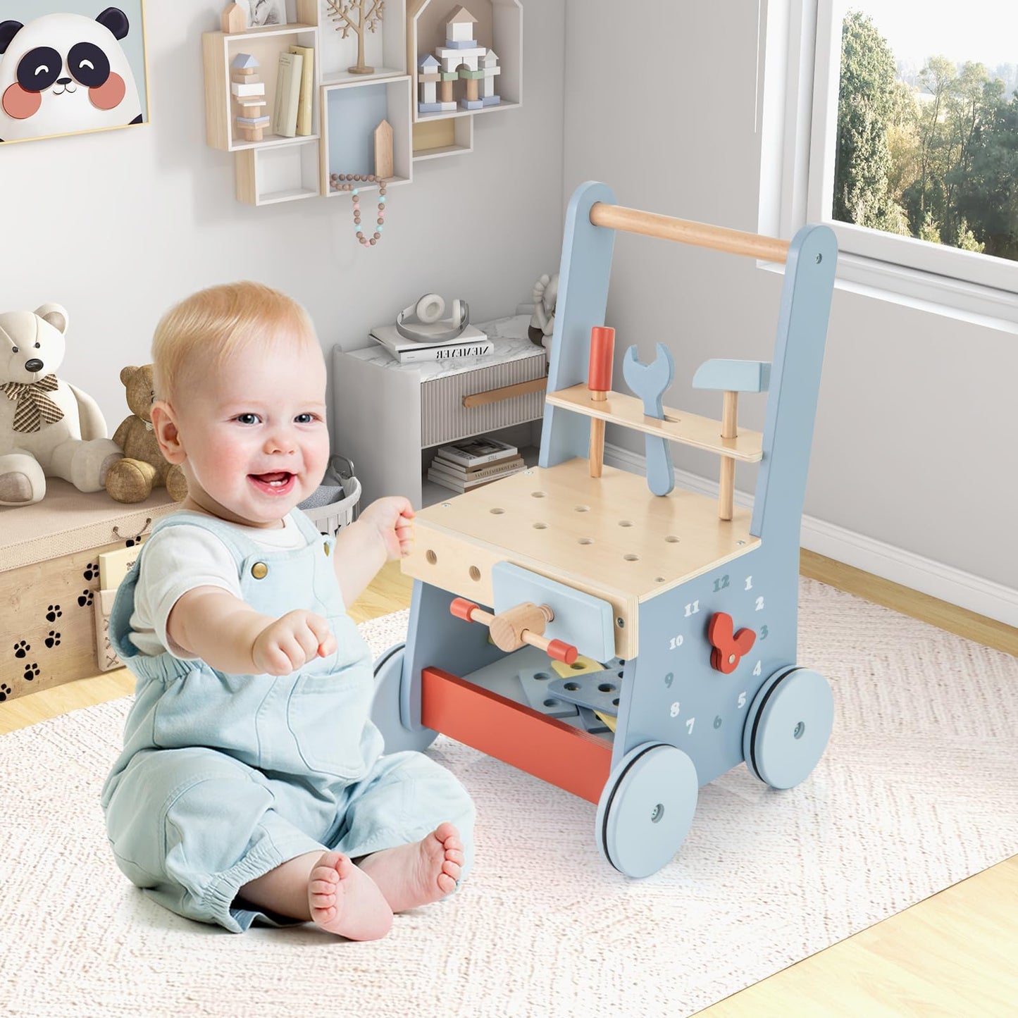 Wooden 2 in 1 Baby Walker and Toy Tool Bench with Activity Center