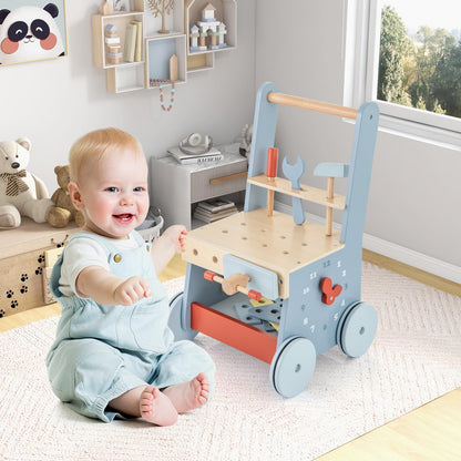 Wooden 2 in 1 Baby Walker and Toy Tool Bench with Activity Center