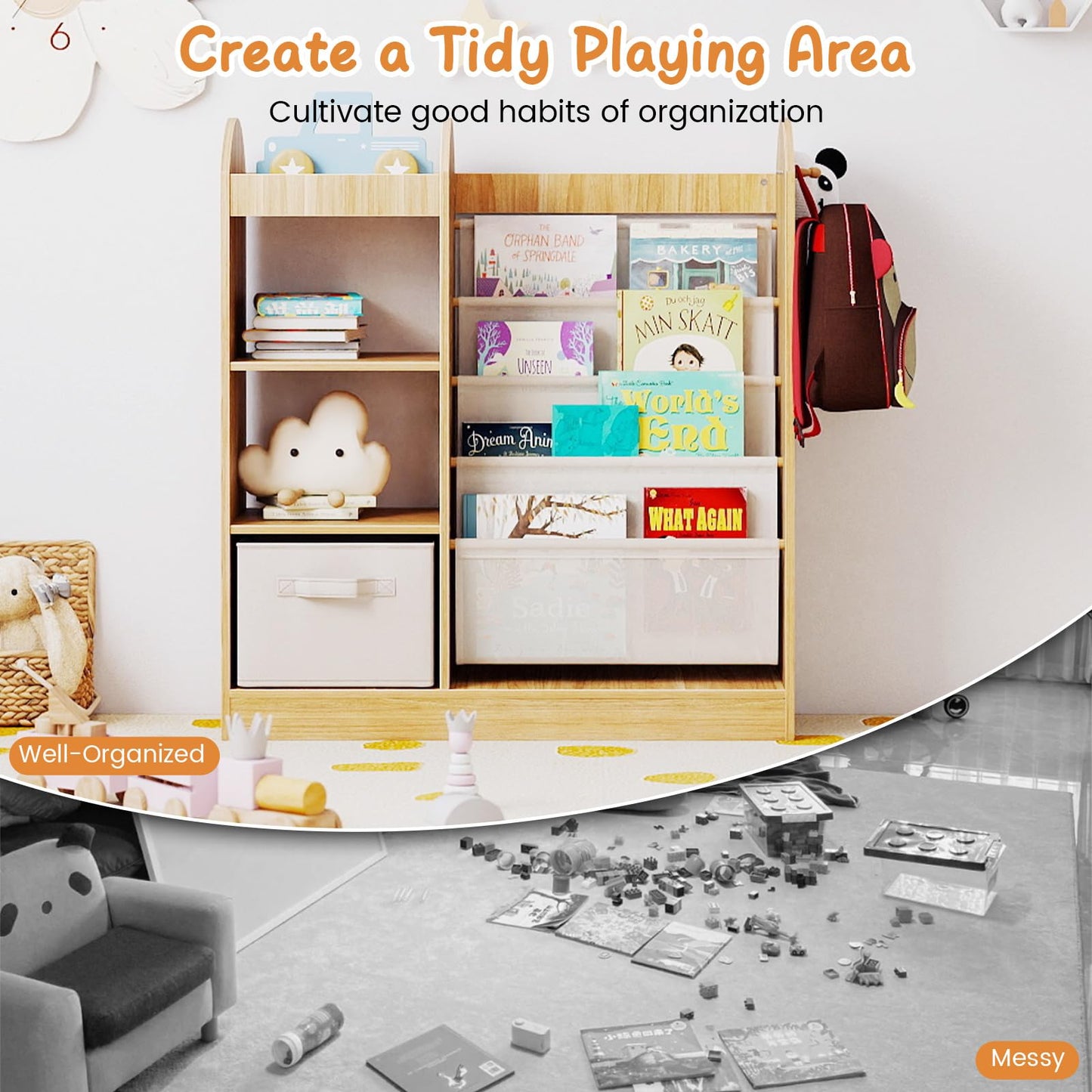 Kids Bookshelf, Toy Storage Organizer with Full-Length Mirror