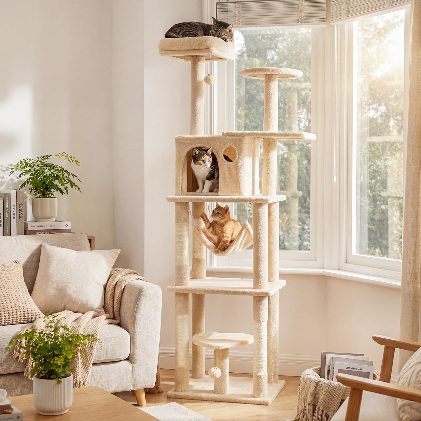 Cat Tree, 168cm Tall Modern Cats Tower with 2 Perches, Hammock, Condo