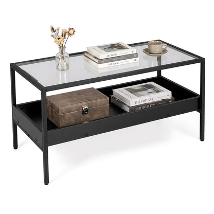 2-Tier Coffee Table with Tempered Glass Top & Storage Shelf