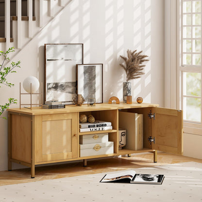 Boho TV Stand Media Console Table with 2 Cabinets and Open Shelf