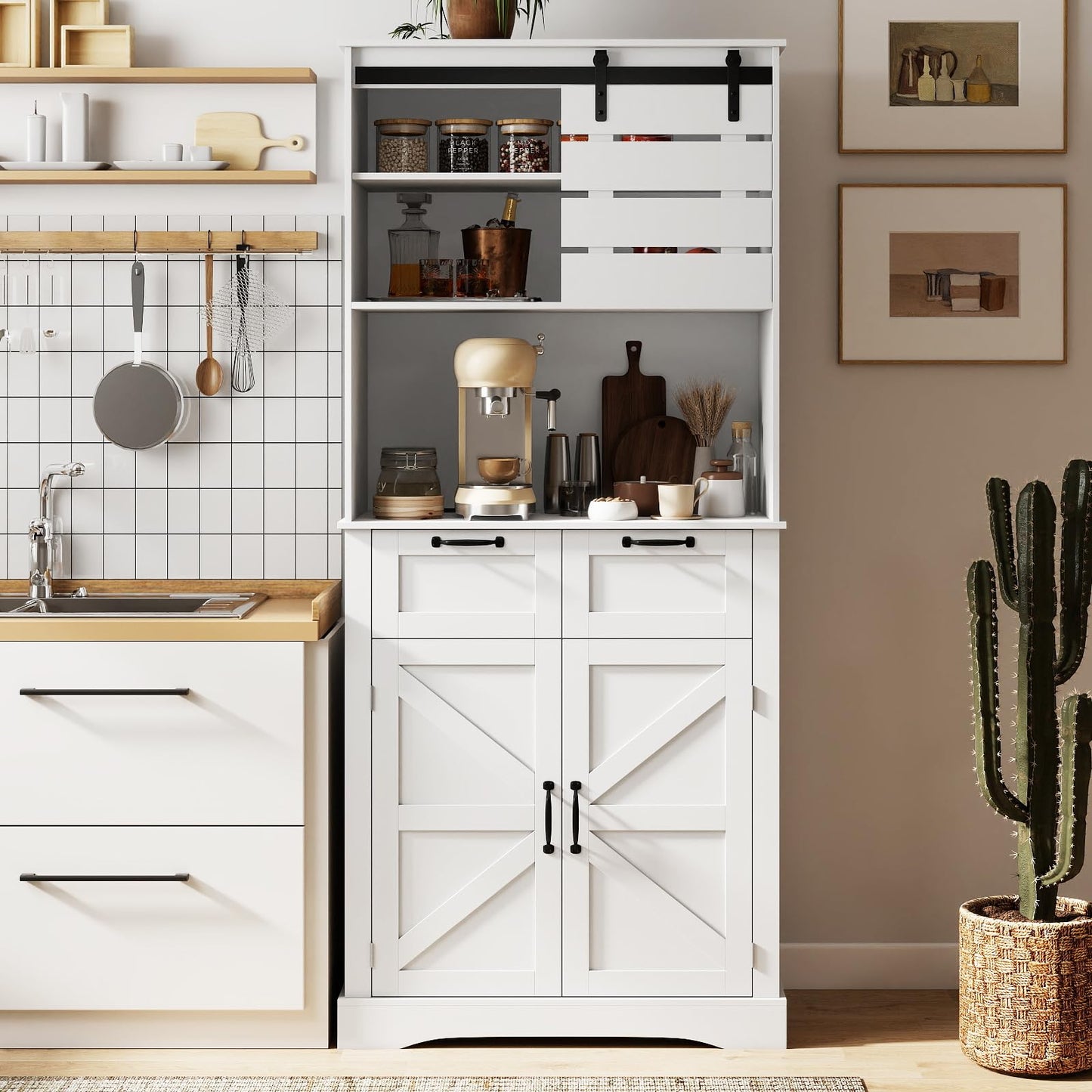 Kitchen Pantry Cabinet with Power Outlet Tall Coffee Bar Cabinet with Doors Drawers and Adjustable Shelf