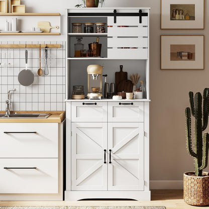 Kitchen Pantry Cabinet with Power Outlet Tall Coffee Bar Cabinet with Doors Drawers and Adjustable Shelf