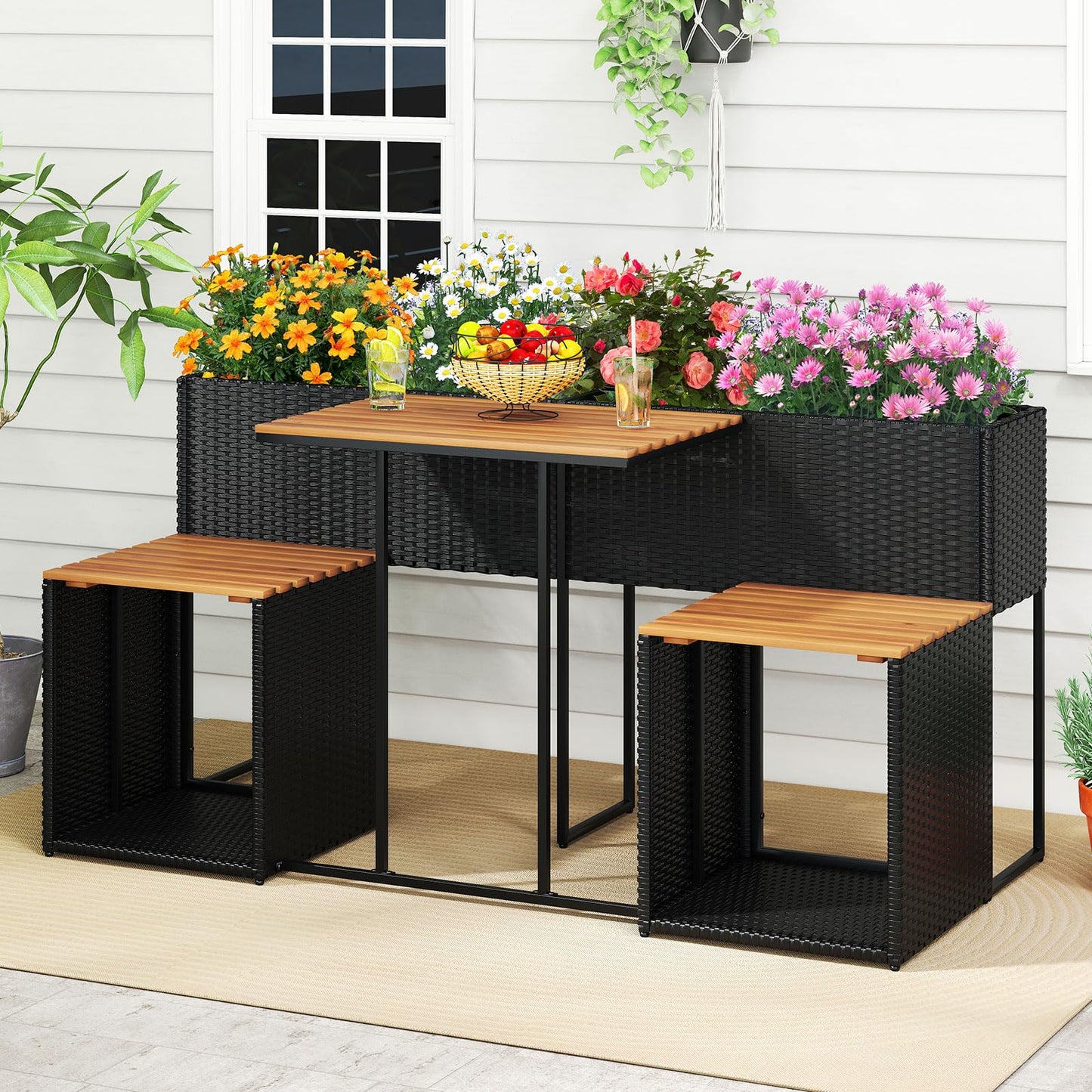 PE Rattan Garden Planter Table with Built-in Chairs and Storage Space