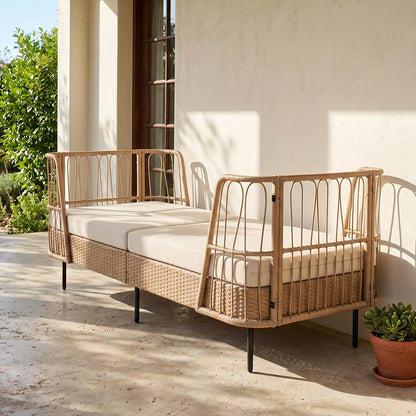 Garden Rattan Daybed, Patio Chaise Lounger Sun Bed with Cushions