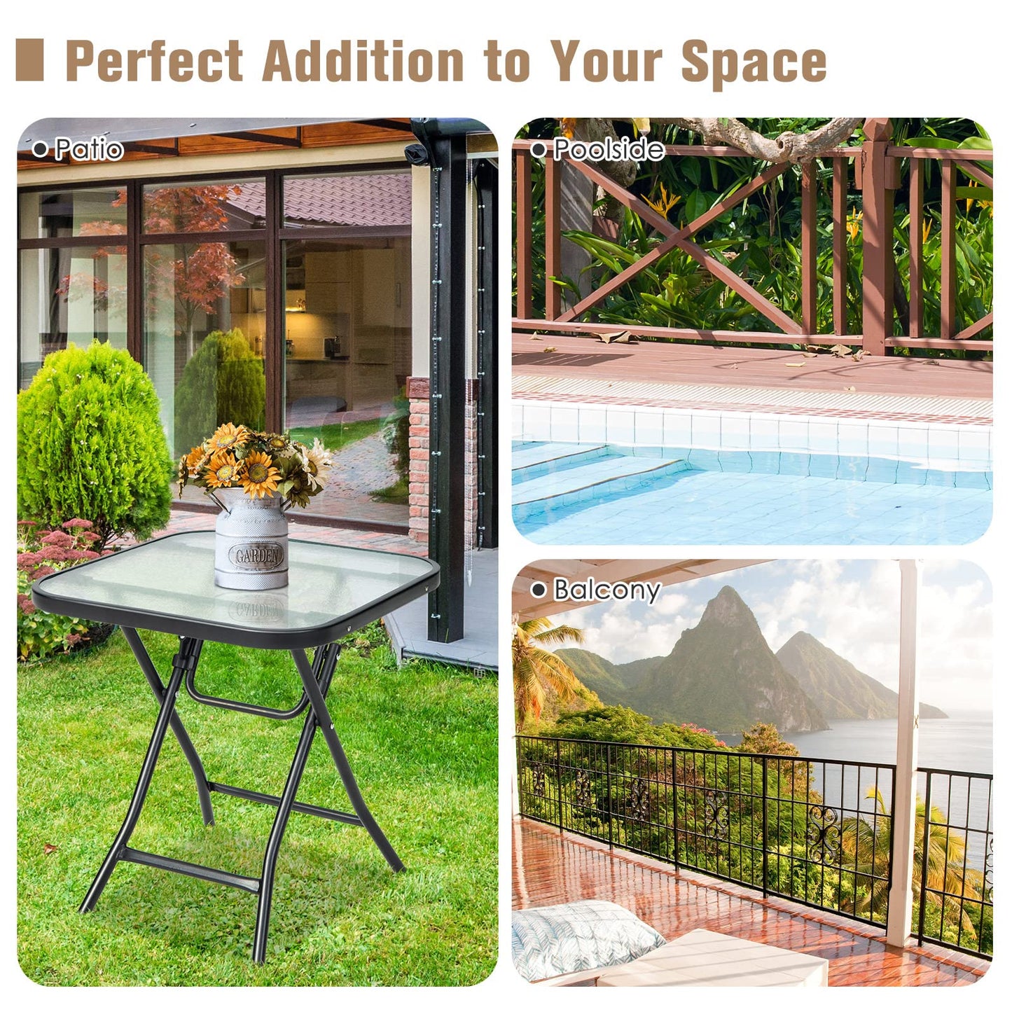 46cm Folding Garden Tempered Glass Top Square Side Table