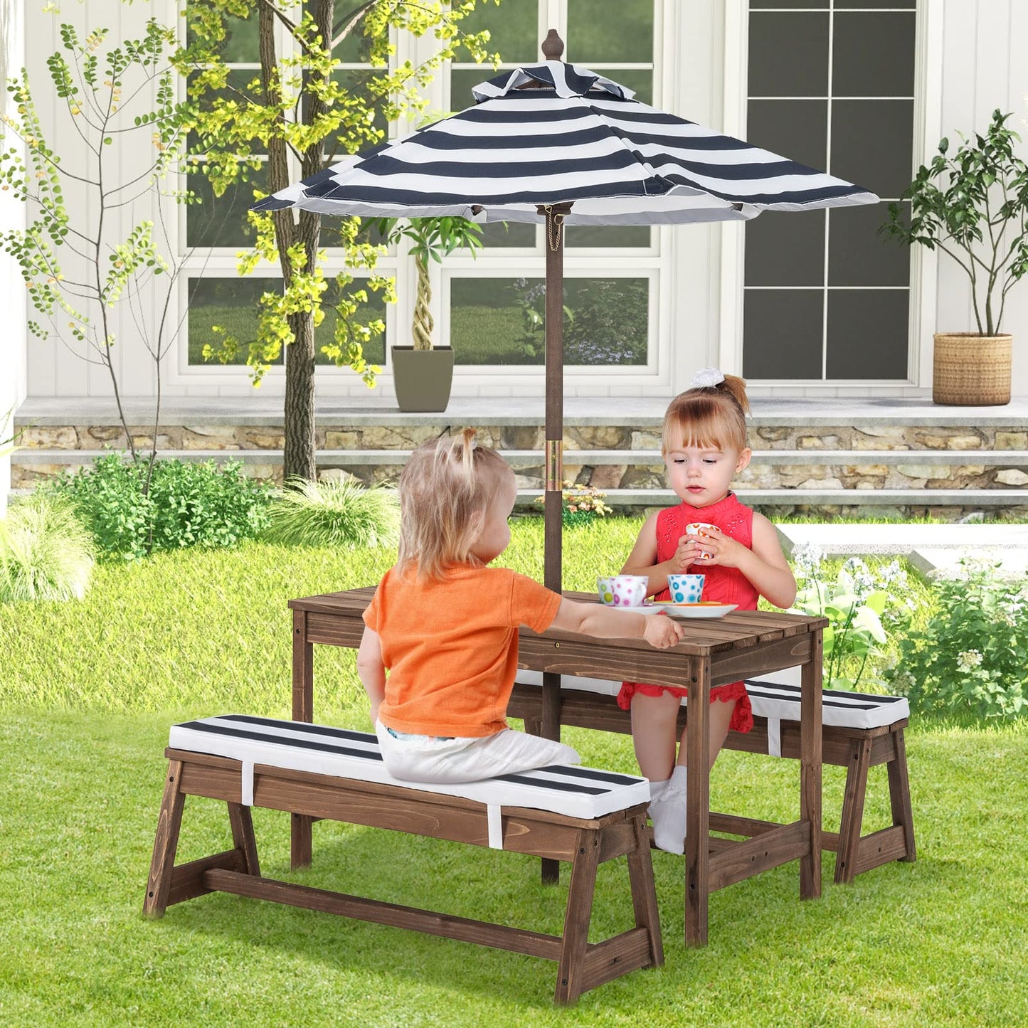 Wood Kids Picnic Table and Bench Set with Cushions