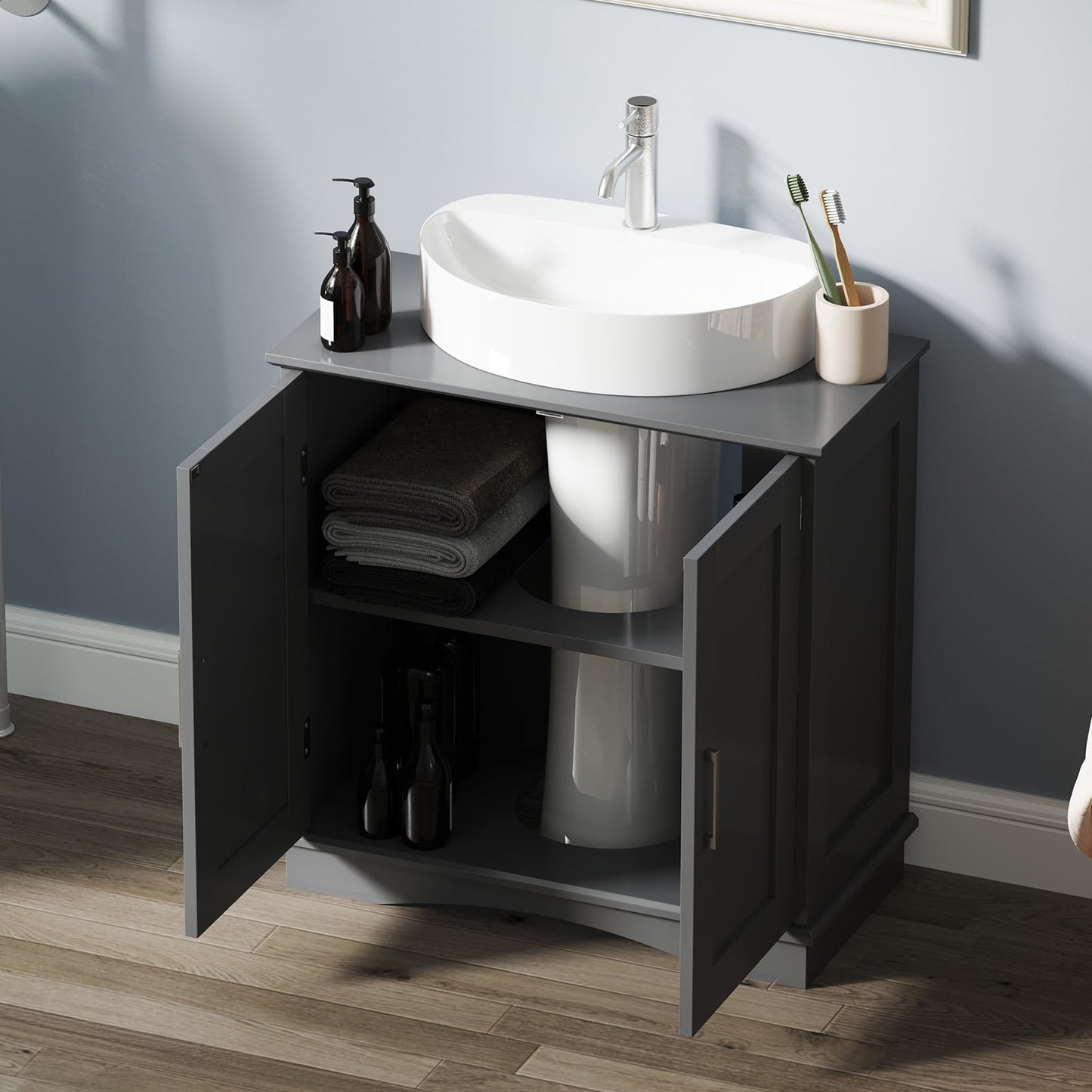 Freestanding Bathroom Floor Cabinet with Double Doors and Adjustable Shelf