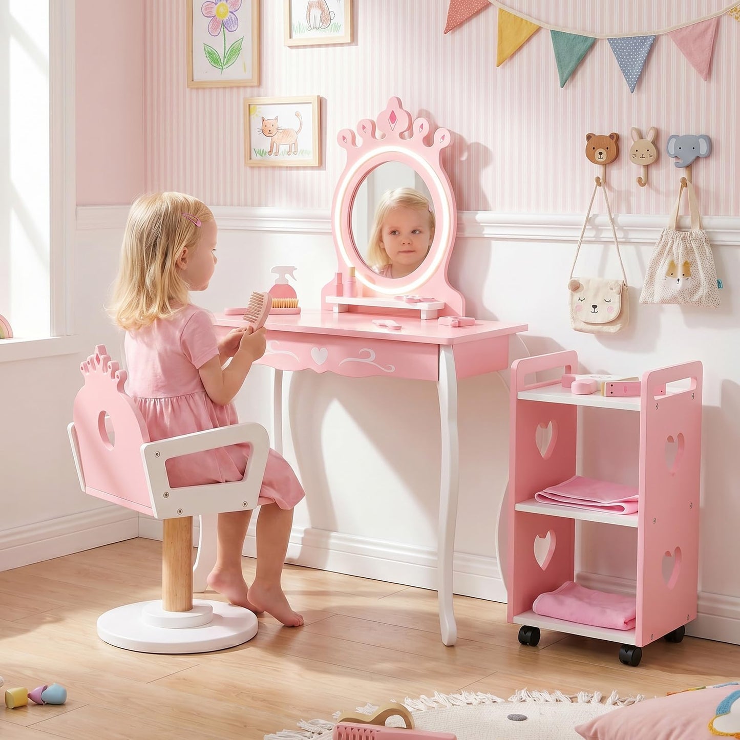 Kids Vanity Table and Chair Set, Girls Dressing Table