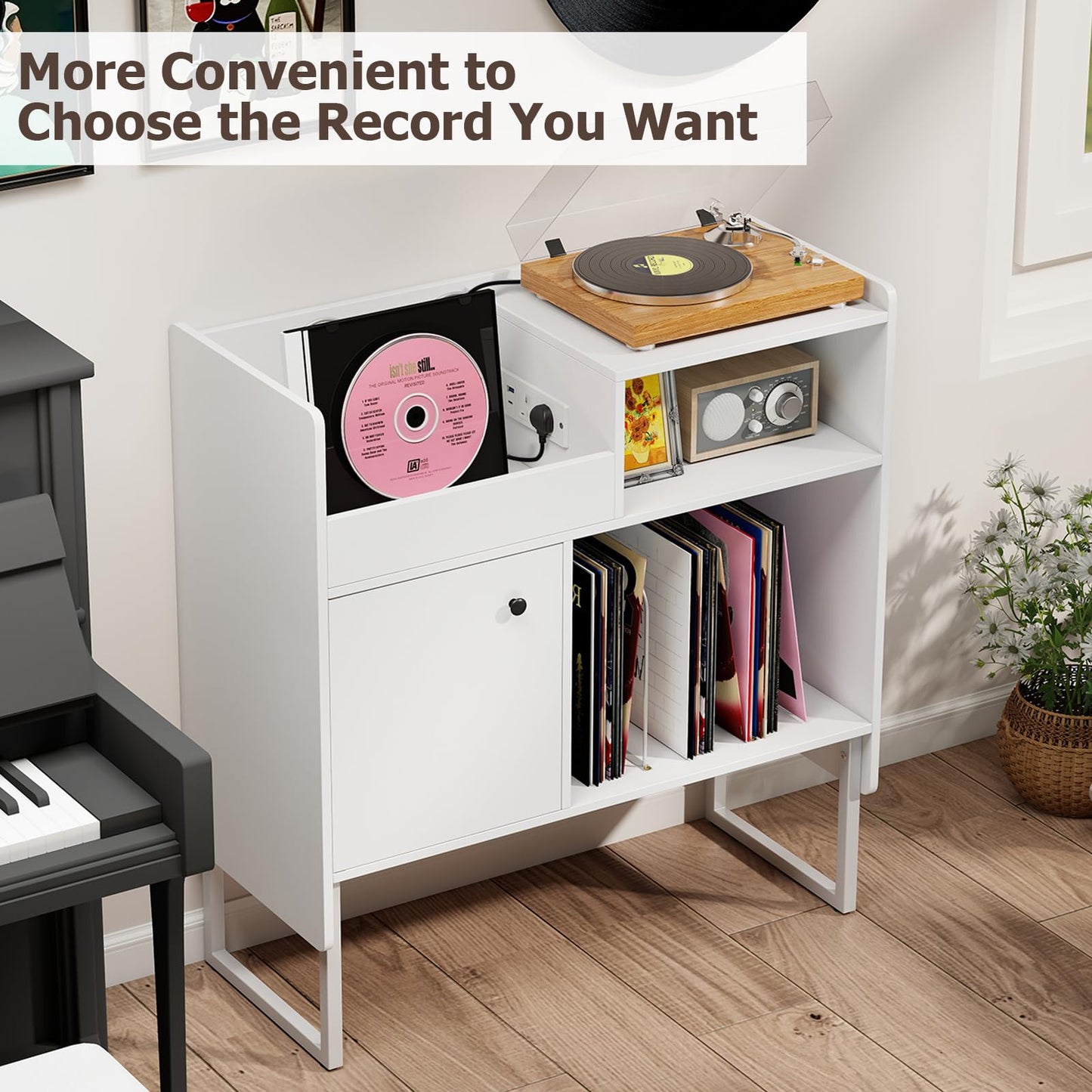 Record Player Stand with Charging Station, End Table with Display Shelves & Door