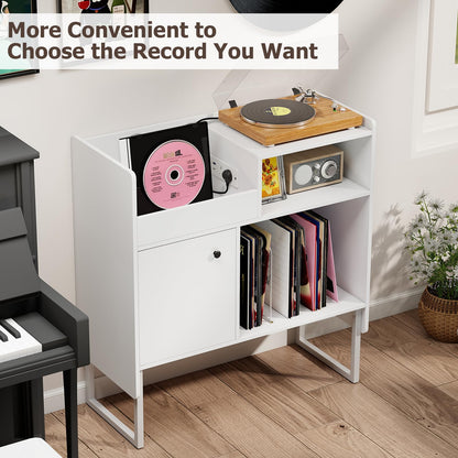 Record Player Stand with Charging Station, End Table with Display Shelves & Door