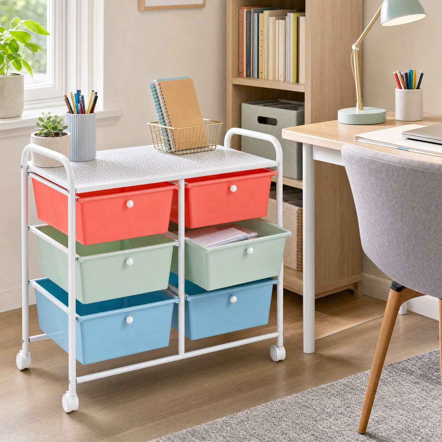 6 Drawer Storage Cart with Lockable Wheels & Handles