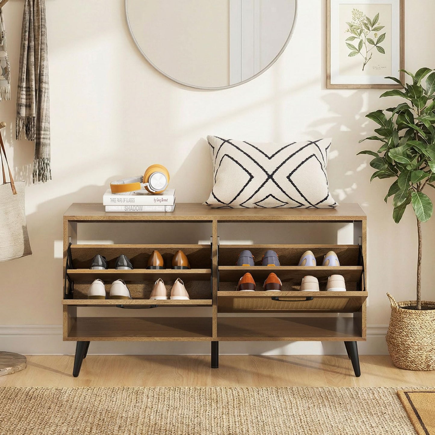 Rattan Shoe Storage Bench with Flip Drawers, Adjustable Shelves