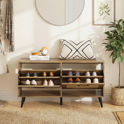 Rattan Shoe Storage Bench with Flip Drawers, Adjustable Shelves