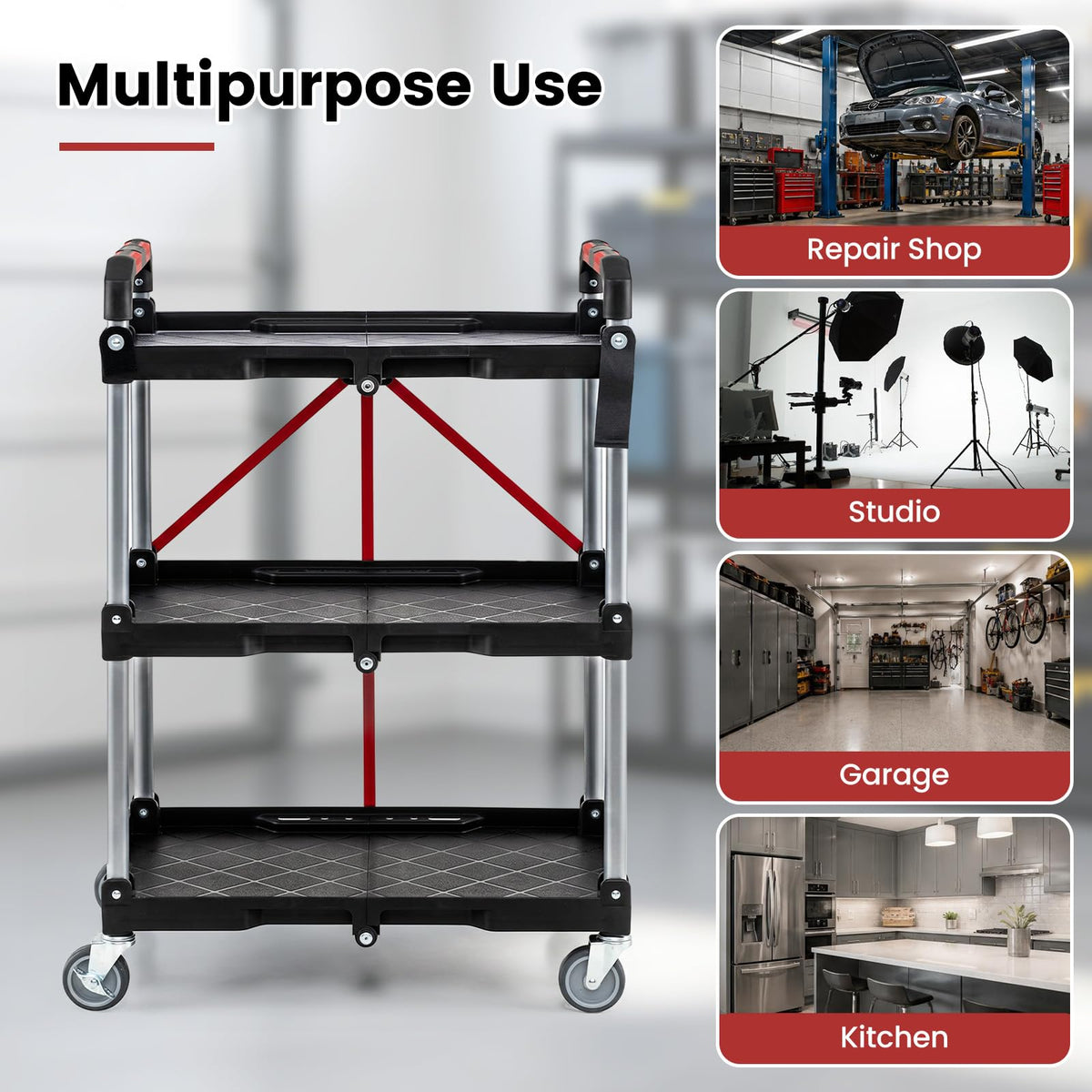 3-Tier Folding Utility Cart with 360° Swivel Wheels for Garage
