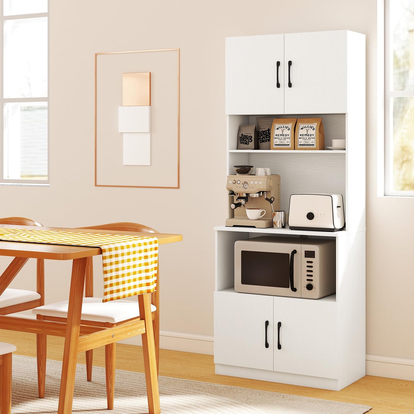 Pantry Cabinet with Power Outlets Freestanding Narrow Kitchen Hutch with 4 Doors