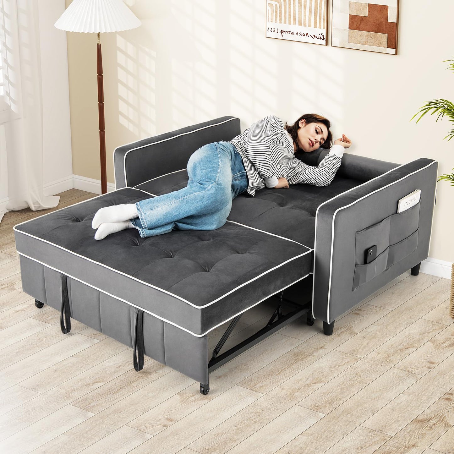 2-Seater Convertible Pull Out Sofa Bed with Adjustable Backrest and Pillows