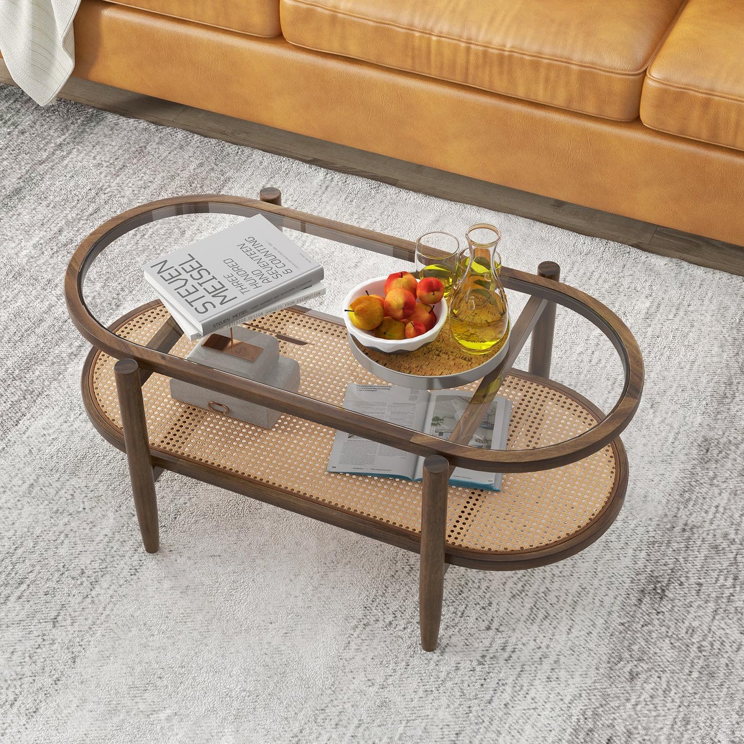 Tempered Glass Cocktail Snack Tea Center Table with PE Rattan Storage Shelf