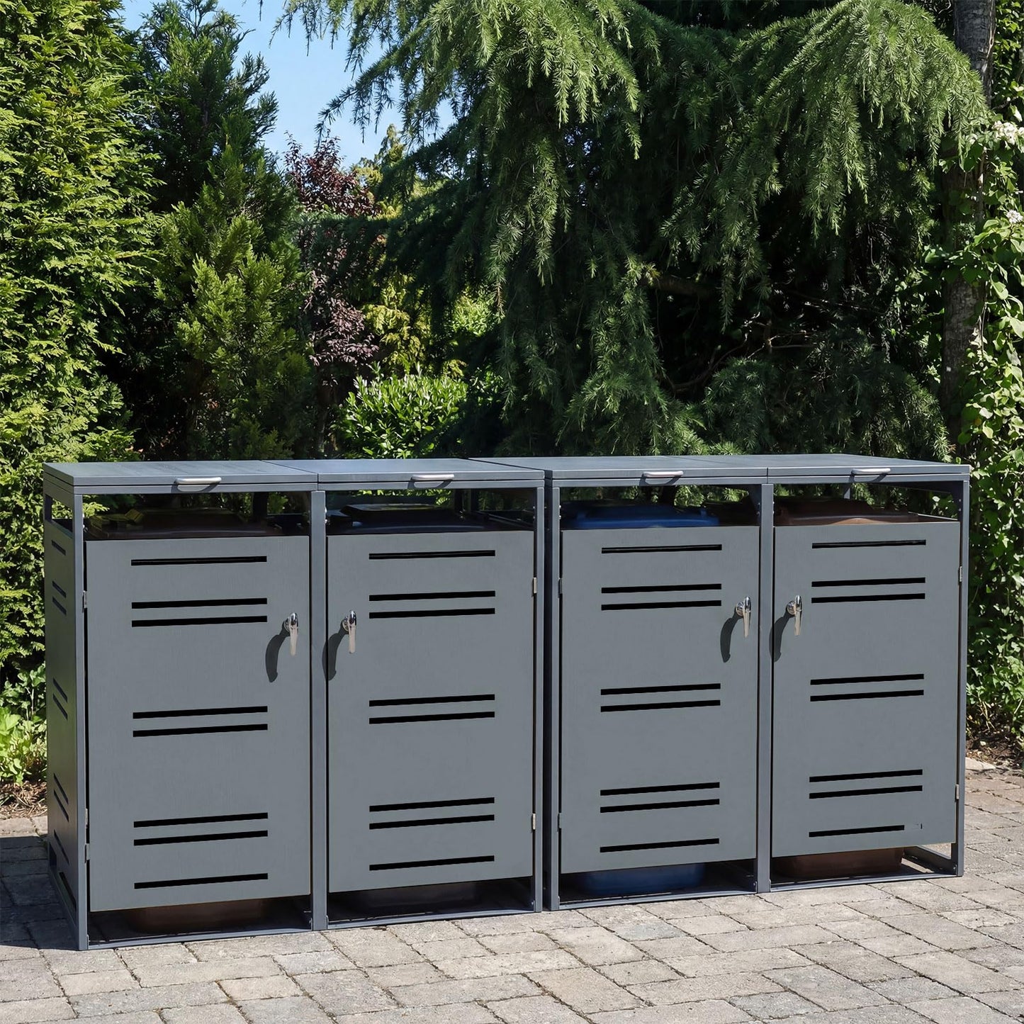 Outdoor Metal Garbage Bin Storage Shed for 2 Trash Cans