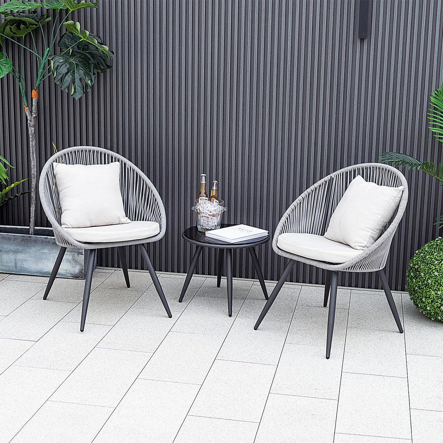 String Patio Bistro Set with 2 Chairs and Glass Coffee Table