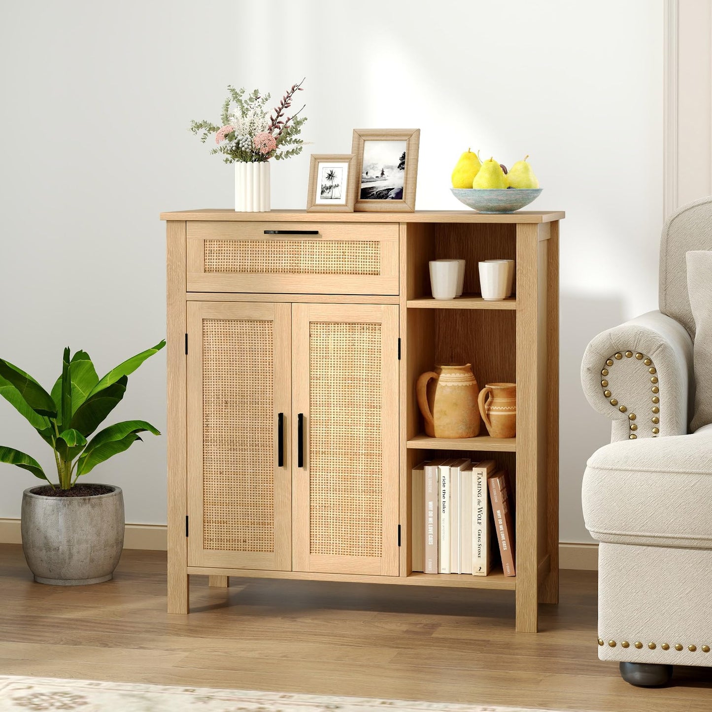 Buffet Sideboard with Rattan Woven Doors and Adjustable Shelf