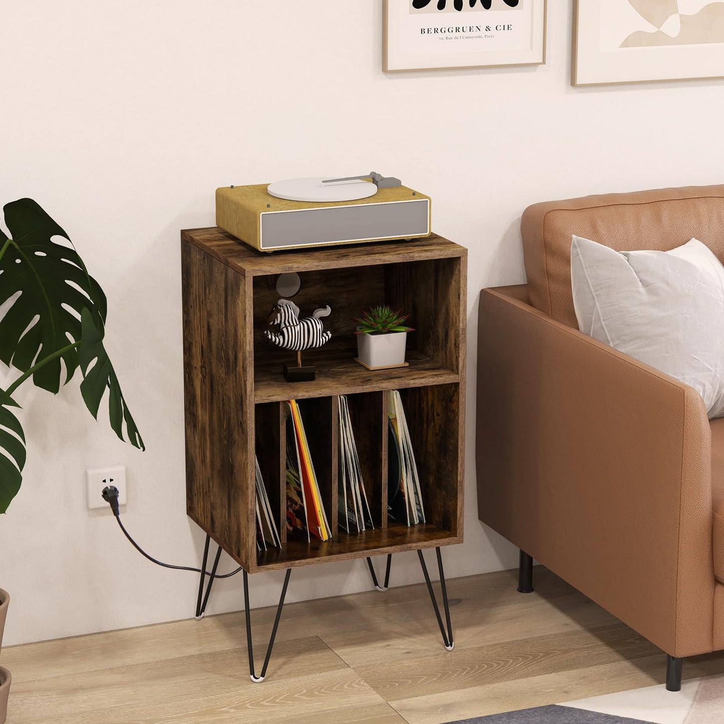 3 Tier Record Player Stand with Charging Station Shelf and 4 Dividers