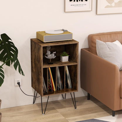 3 Tier Record Player Stand with Charging Station Shelf and 4 Dividers