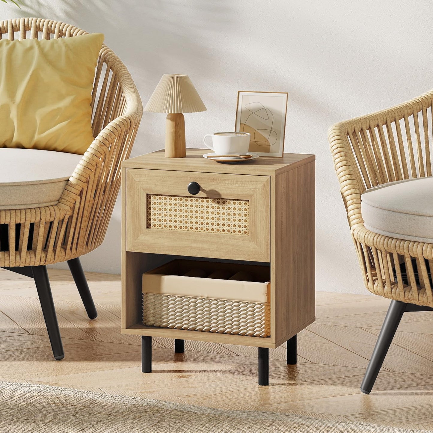 Rattan Nightstand with Drawer and Open Storage Shelf for Living Room Set of 2