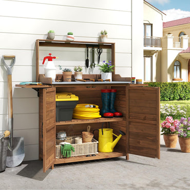 Garden Potting Table, Wooden Potting Bench with Metal-Plated Tabletop
