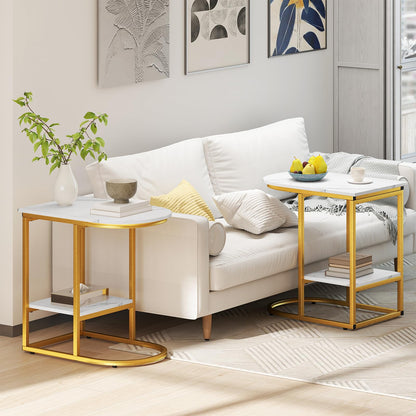 2 Tier C shaped End Table Modern Sofa Side Table with Metal Frame
