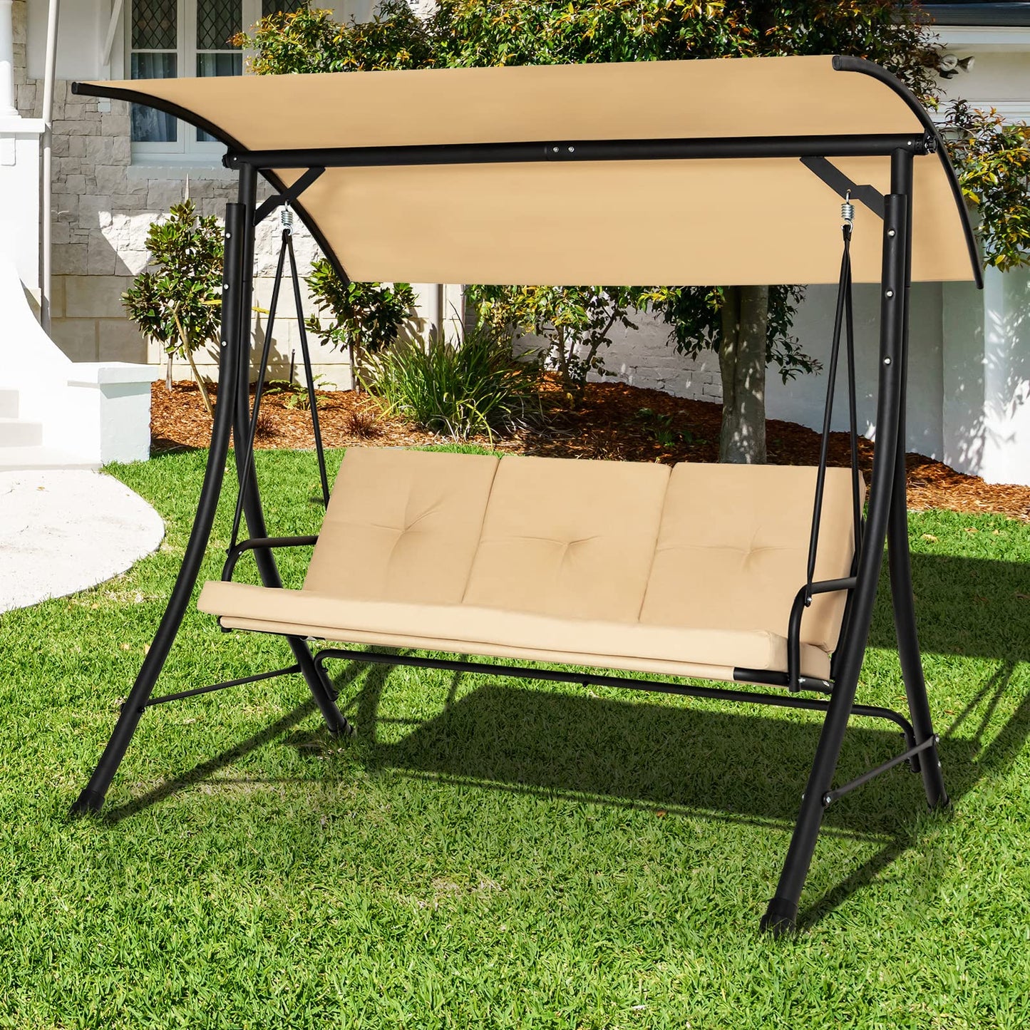3 Seater Garden Hammock Bench Chair with Adjustable Canopy and Soft Cushions