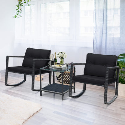 Giantex 3 PCS Garden Rocking Bistro Set PE Rattan Furniture Set with 2-tier Glass Table