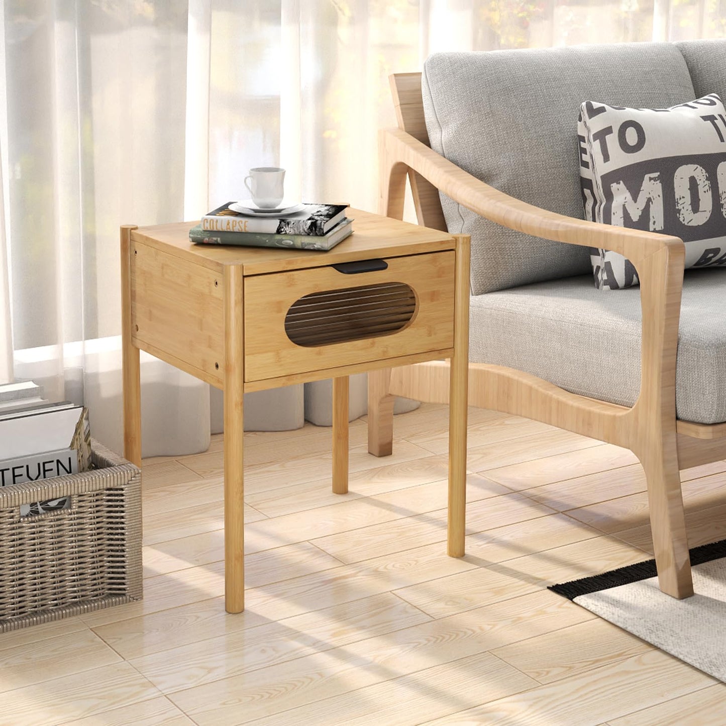 Farmhouse Bedside Table with Tempered Glass Decorated Drawer