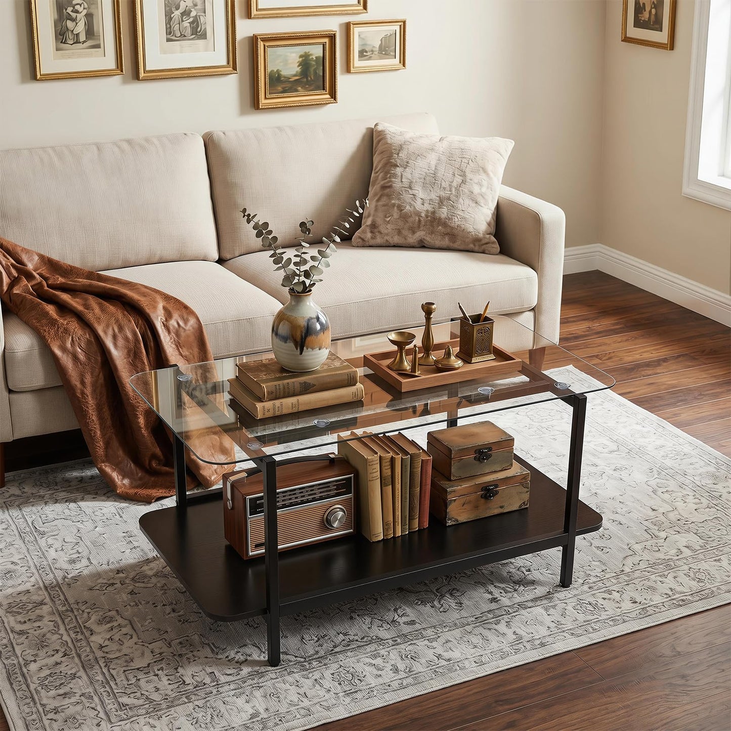 2-Tier Coffee Table, Tempered Glass Center Table with Storage Shelf