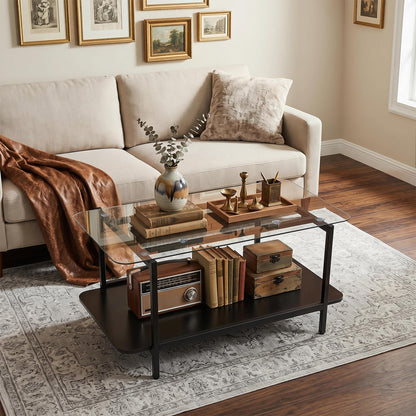 2-Tier Coffee Table, Tempered Glass Center Table with Storage Shelf