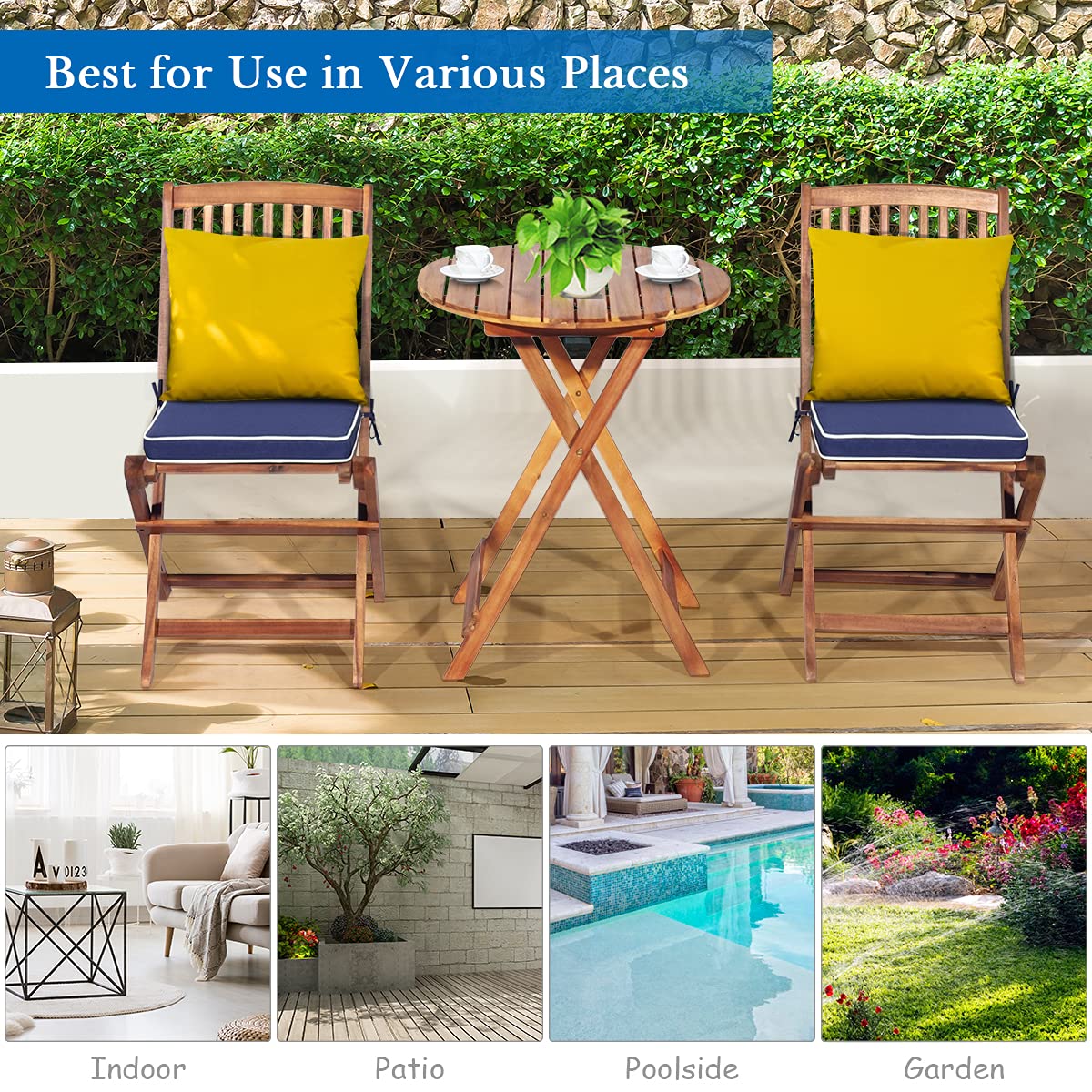 3 Piece Folding Patio Bistro Set with Cushions